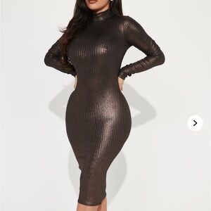 Fashion Nova Brown Ribbed Bodycon Dress Mock Neck Bishop Sleeves